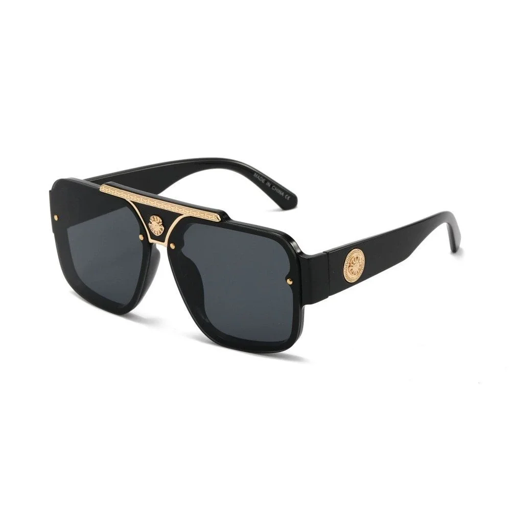 Luxury Oversized Square Sunglasses Gold Medallion Black Frame Men's Fashion 2026